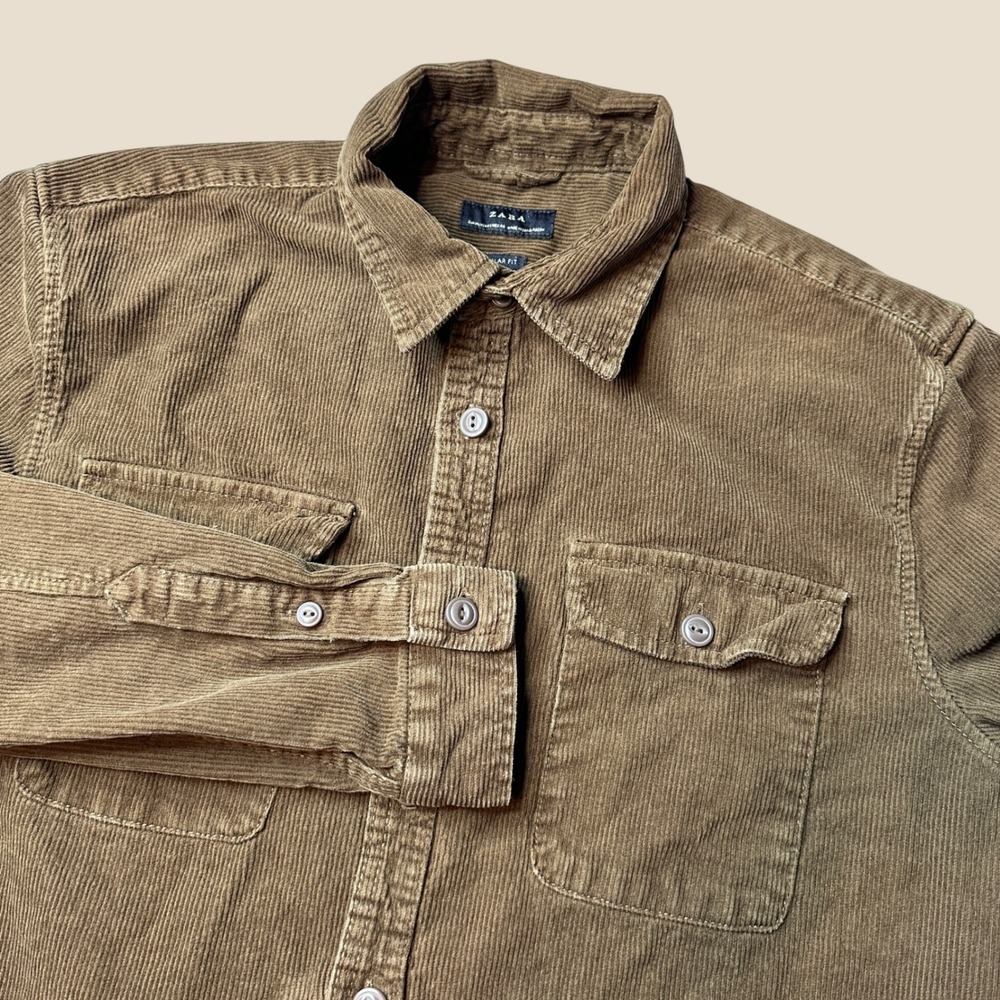 Zara Shirt Mens Medium Regular Fit Olive Brown Corduroy Button Down Long Sleeve
